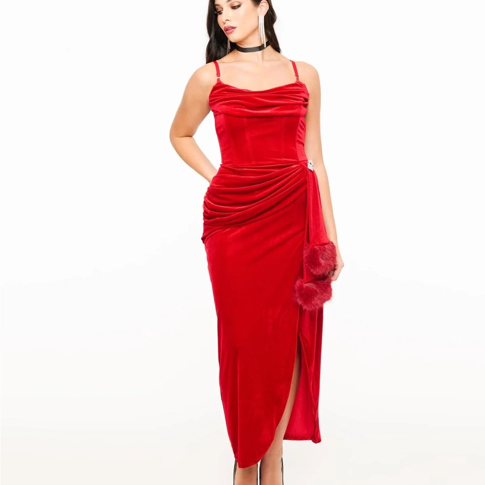 Red velvet evening dress with faux fur sash by Weasel Wear